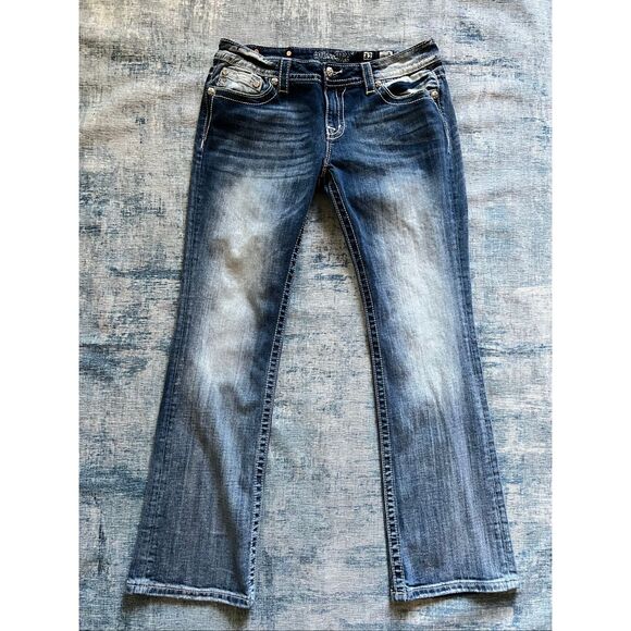 Miss Me Angel Wing Distressed Wash Rhinestone Signature Boot Cut Jeans 32" - Picture 1 of 6